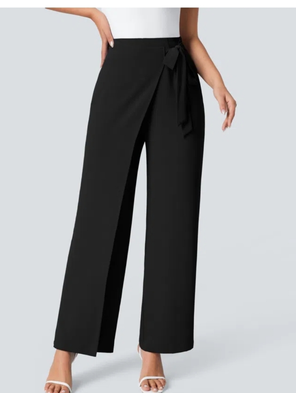 HALARA Black Wide-Leg Wrap Pants with Tie Waist